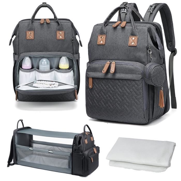 Sac à dos à langer avec berceau pliable tapis de lit grande capacité pour papa maman voyage gris