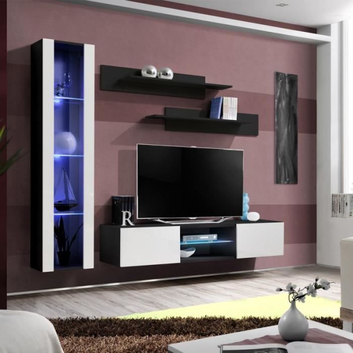 ensemble meuble tv mural design fly xix 210cm blanc & noir - paris prix - bois - panneaux de particules - laqué