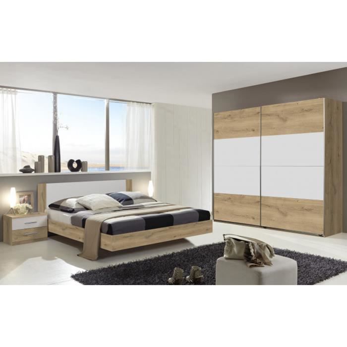 Chambre à coucher complète adulte (lit 180x200cm + 2 chevets + armoire) coloris imitation chêne poutre-blanc