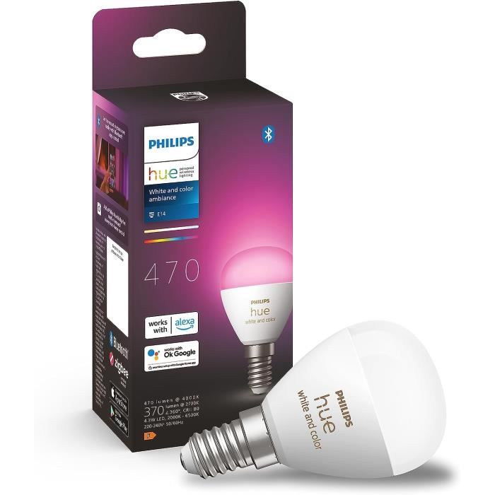 Philips Hue White and color ambiance, ampoule LED connectée sphérique compatible Bluetooth, E14