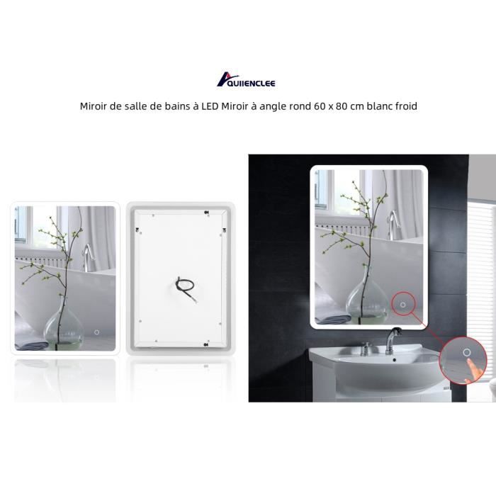 Miroir de salle de bains LED à angle rond 60 x 80 cm blanc froid -  QUIIENCLEE - Cdiscount Maison