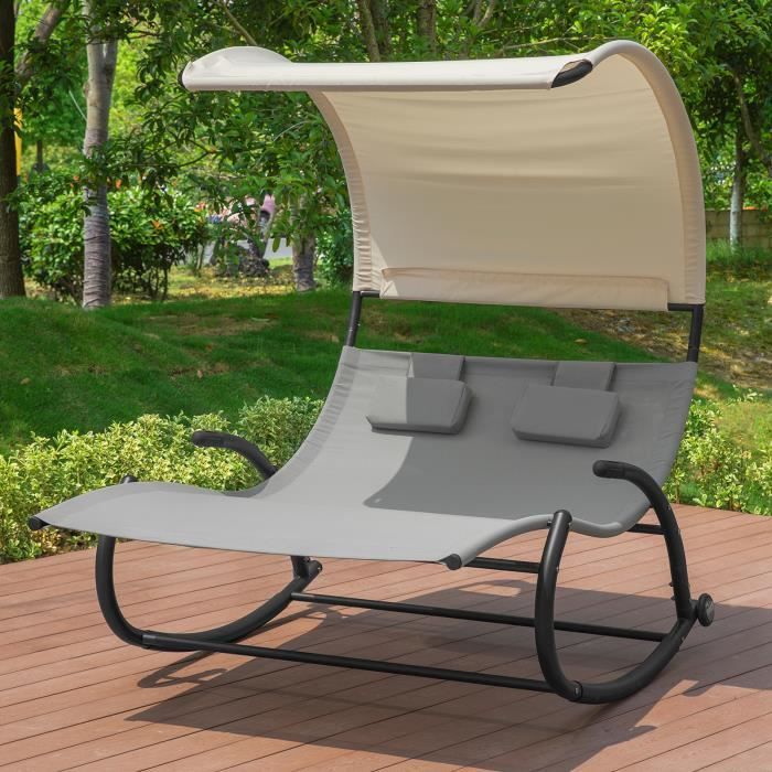 sobuy ogs50-hg bain de soleil transat à bascule 2 places avec auvent et 2 roulettes assise dossier ergonomiques oreiller fourni