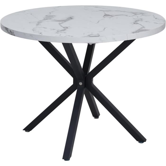 Table à Manger - Plateau Effet Marbre - Pieds Noirs En Métal- 117x68cm
