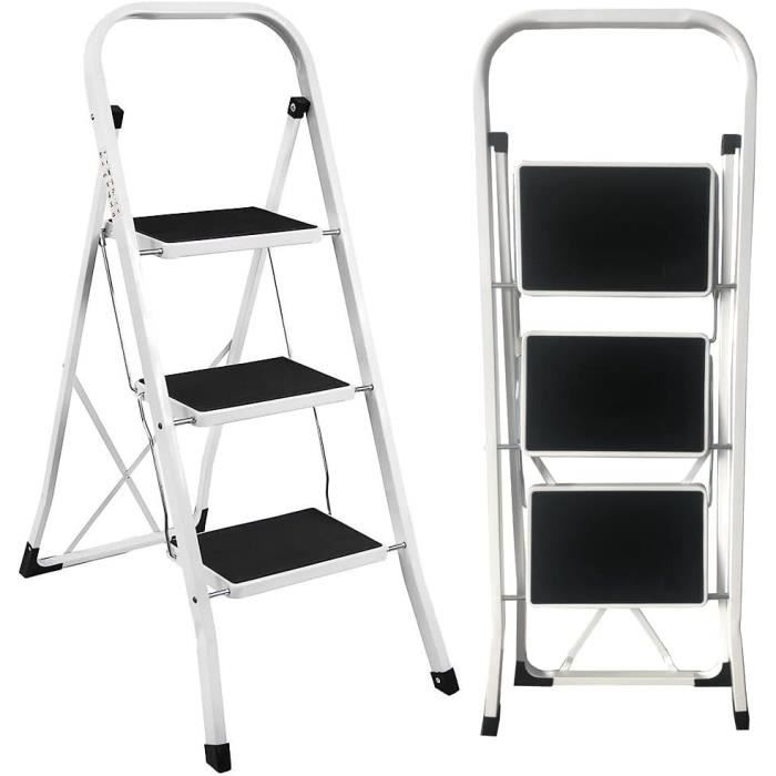 Escabeau Pliant 4 Marches Avec Rampe - Acier, 150kg Charge, Idéal Cuisine Et Bureau