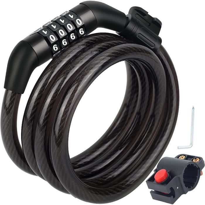 WIYETY Antivol Vélo Câble Spirale 1,8m - Cadenas Trotinette Électrique Avec 2 Clés Et Support (Noir Argent)