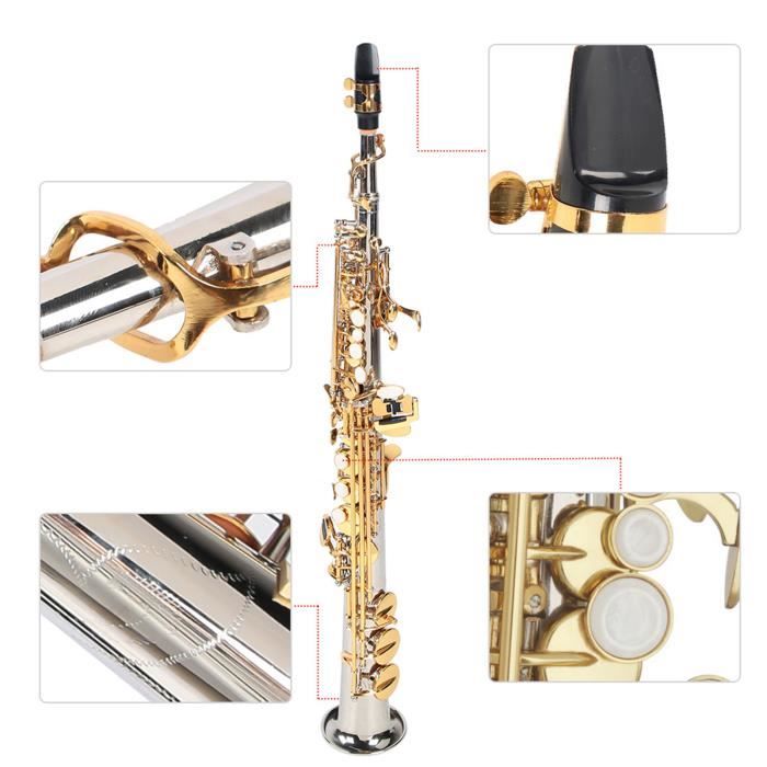SURENHAP Saxophone soprano Saxophone Droit Soprano en Laiton Tube Plaqué Argent Saxo Or Clé avec Sac de instruments saxophone