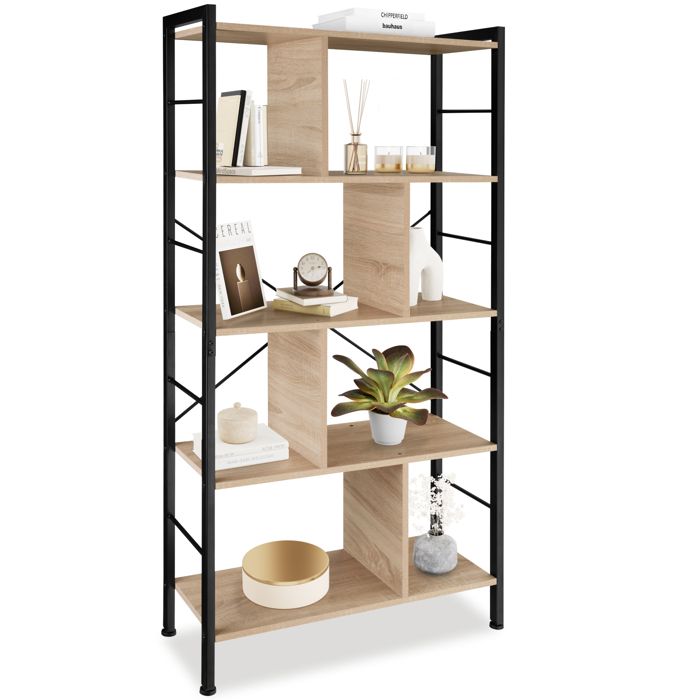 Bibliothèque - TECTAKE - Étagère sur 4 niveaux CHARLESTON avec 8 compartiments en bois et acier 755 x 30 x 155 cm - Bois clair