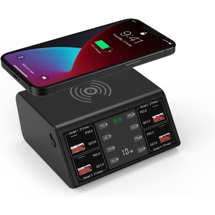 Caricatore multidispositivo, Stazione di ricarica USB da 100 W a 8 porte con ricarica wireless Schermo di visualizzazione digitale QC3.0 PD3.0 Carica rapida Ricarica rapida con porte multiple