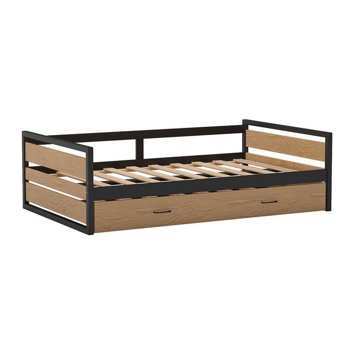 Lit gigogne 120 x 200 et 90 x 200 cm - MDF Pin et métal - Naturel et anthracite - BOSTON