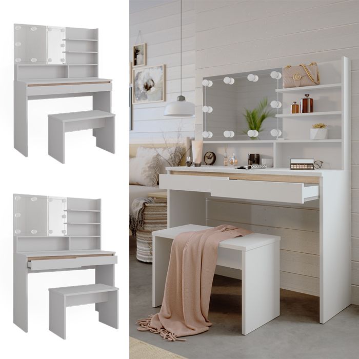 Coiffeuse LED Coiffeuse Commode Miroir avec tabouret Gris clair | Leroy