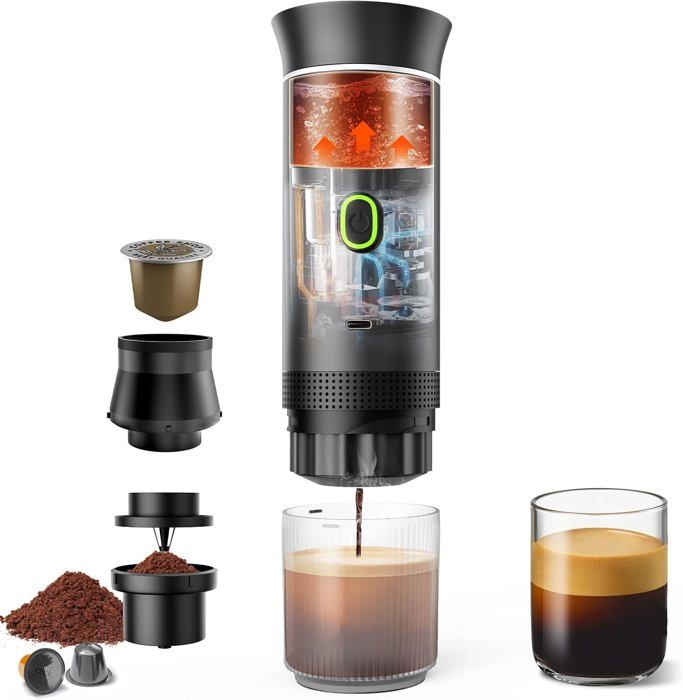 PZCC Machine à Cafe Portable,3En1 Cafetière à Expresso Chauffage Électrique,12V Expresso Cafetière Rechargeable, Pour Bureau,Voyage, Maison,Compatible avec les Capsules Espresso et Café Moulu (Blanc