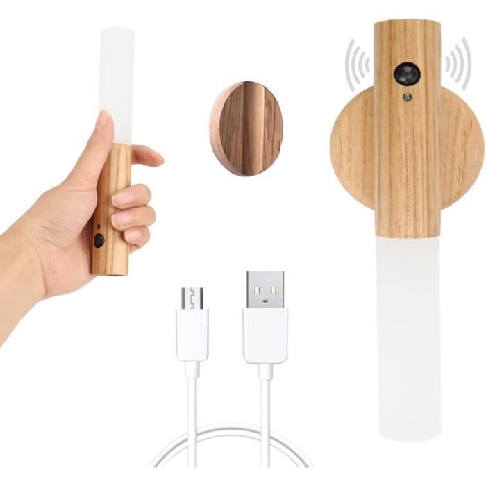 Veilleuse à Détecteur De Mouvement LED, Portable Rechargeable En Bois Avec Bâton Magnétique, Applique Murale Rotative à 360 °, Couloir, Chambre à Coucher, Allée, Escalier, Armoire, Noyer