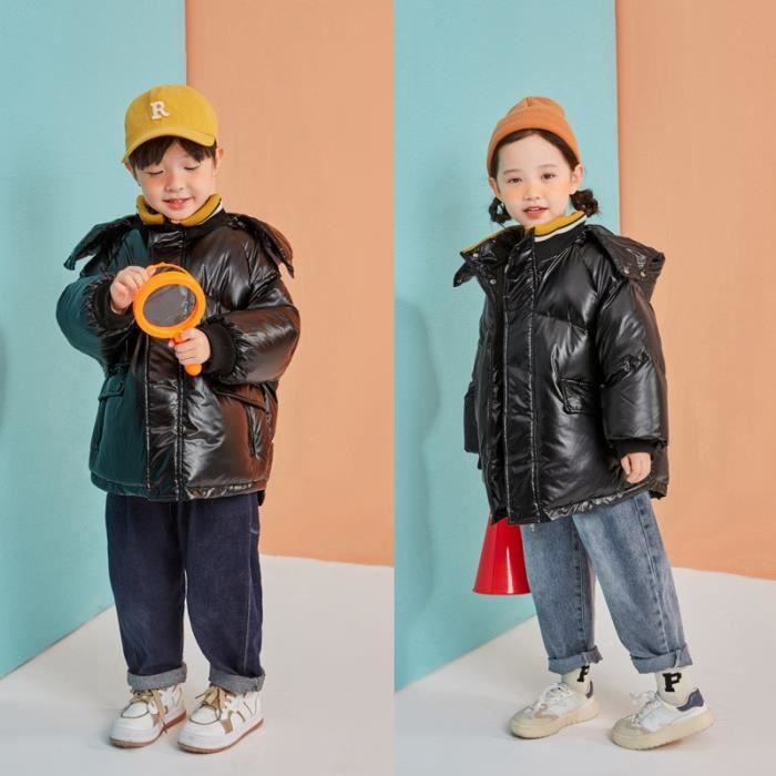 Doudoune enfant Garcon fille 1 8 ans doudoune mi longue a capuche chapeau amovible Noir Cdiscount Pret a Porter