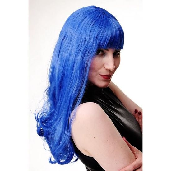 WIG ME UP - WIG021-BLUE Perruque Longue Bleue à Frange Katy pour Femme  Alien Disco Carnaval : : Mode