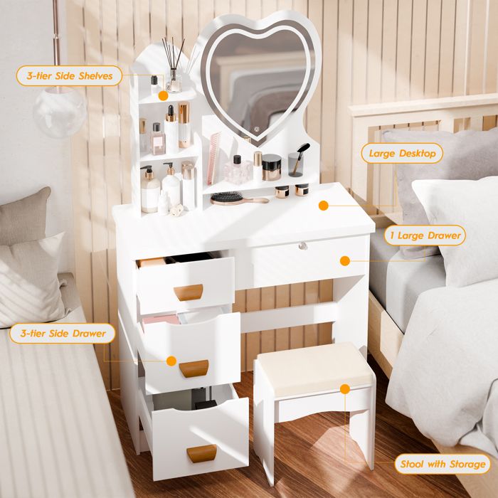 Coiffeuse Avec Miroir LED Et Tabouret - 5 Tiroirs, 100 Cm, Blanc/gris - Pour Chambre, Maquillage, Rangement - Moderne Et Fonctionnelle