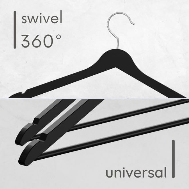 Lot De 60 Cintres En Bois Noirs – Avec Traverse Pantalon Et Crochet 360° – Robuste, 44 Cm – Pour Vêtements Lourds