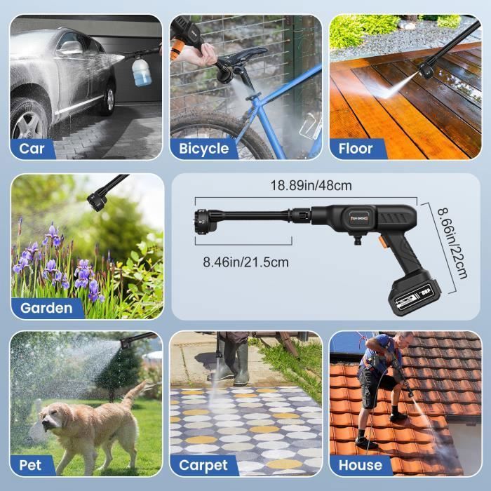 Nettoyeur Haute Pression Sans Fil 120 Bars – 4 Vitesses, 2 Batteries 4Ah, Buse Rotative 180° + 6-en-1, Idéal Voiture, Terrasse, Jardin