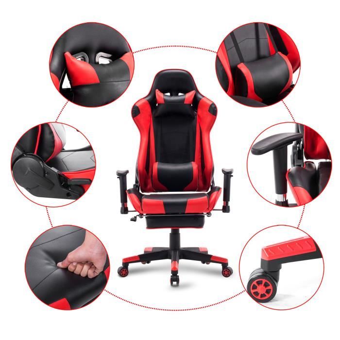 Chaise Gaming Pivotante 360°, Fauteuil Gamer avec Repose-pieds, Appui-tête et Soutien Lombaire, Bande LED Réglable, Dossier Haut, Chaise de Bureau Réglable en Hauteur, Noir