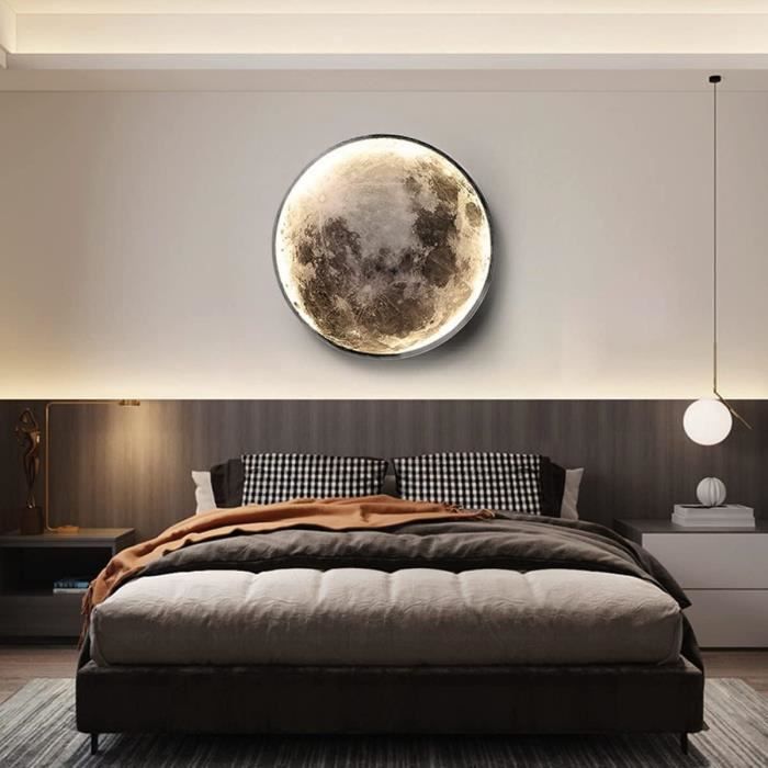 EOEO Applique murale LED Lune avec Télécommande 45W Art Déco Lampe de salon Lampe Murale Ronde ultra-mince Lampe Lune 3D pour Chambre d'enfant Chambre à coucher Plafonnier,80cm