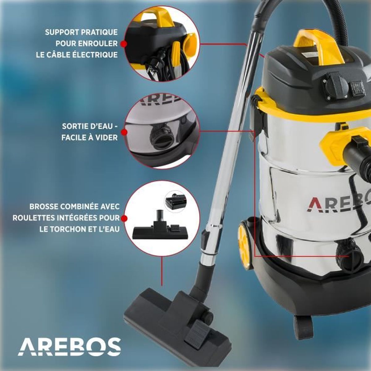 Arebos Industrie Aspirateur Humide & Sec Aspirateur 1600 W aspirateur 30 L 