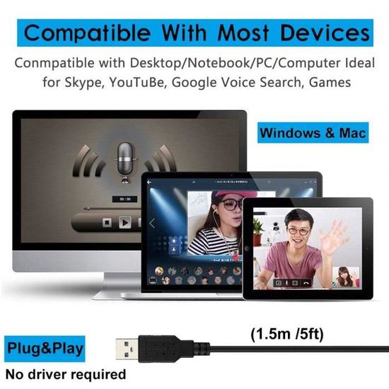 Microphone dordinateur USB professionnel avec bouton mute pour conférence vidéo professionnelle enregistrement PS4 discussion Mac jeux compatible avec ordinateur portable podcast,etc Skype