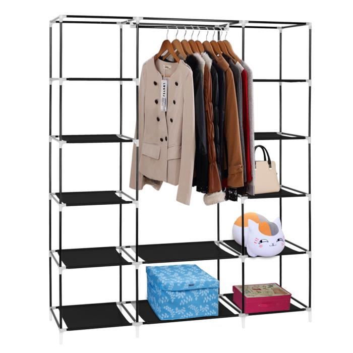 Armoire De Rangement D'angle En L - Tissu Noir, 4 étagères, 2 Tringles, Dimensions 169x129x87 Cm, Capacité 5 Kg Par étagère