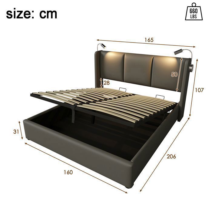 Fortuna Coffre 160x200 avec Sommier, Lit Double Rembourré avec Port USB Type C et éclairage LED, 2 Personnes en Velours (160x200 cm