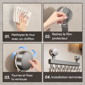 Barre à Ustensiles Sans Perçage 40 Cm - 8 Crochets Réglables, Ventouse, Pour Carrelage/verre