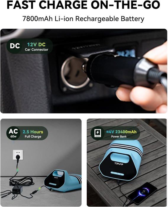 Pompe SUP TOPUMP TPS300 – 7800mAh, 20 PSI, Double Moteur, Arrêt Auto, Recharge Rapide 60W, 12V Voiture