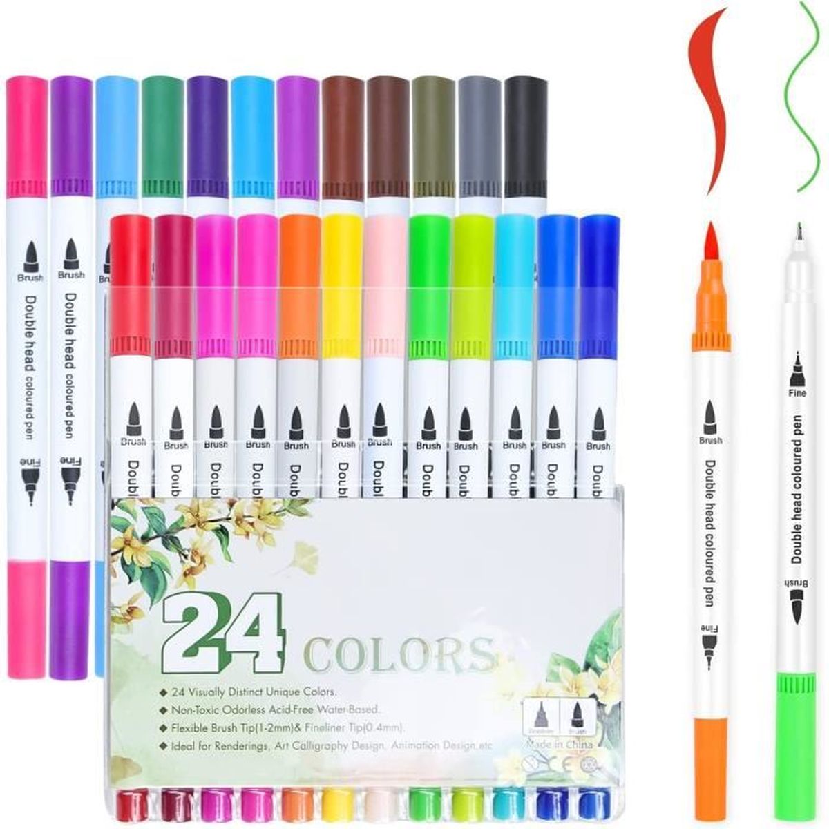 24 Couleurs Stylo Aquarelle Feutre Coloriage Double Brush Pen