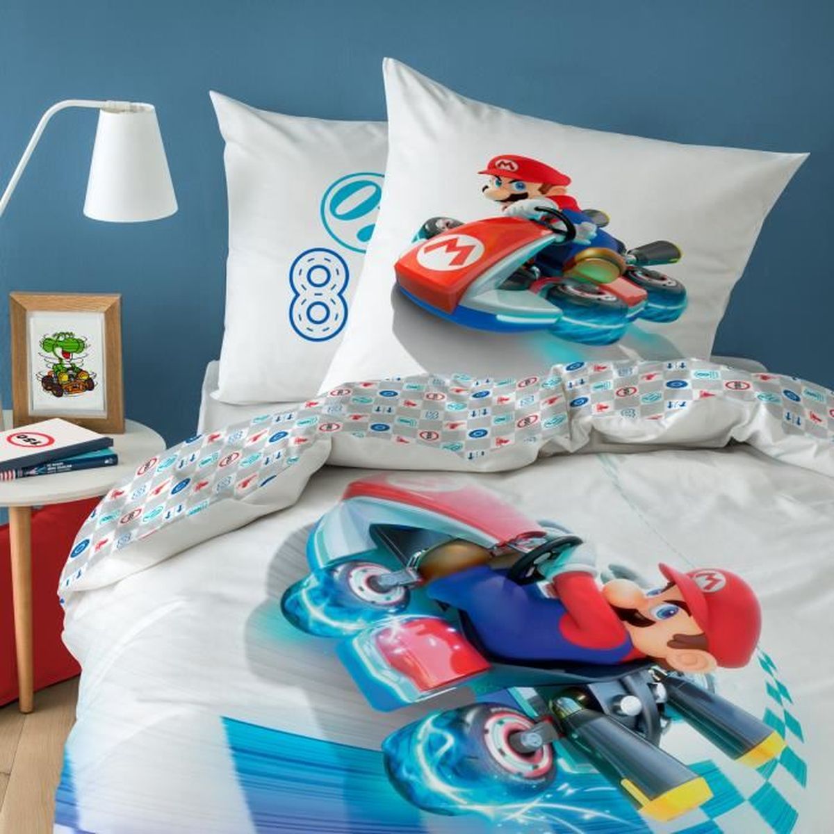 Parure De Lit Mario Kart 1 Place - Housse De Couette Réversible 140x200 Cm + Taie 63x63 Cm - Microfibre Certifié Oeko-Tex