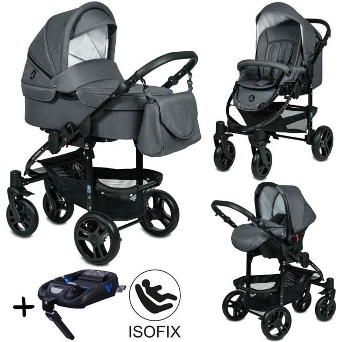Poussette Trio 3 en 1 B&W ISOFIX Gris Graphite Nouveau Design Landau, poussette promenade