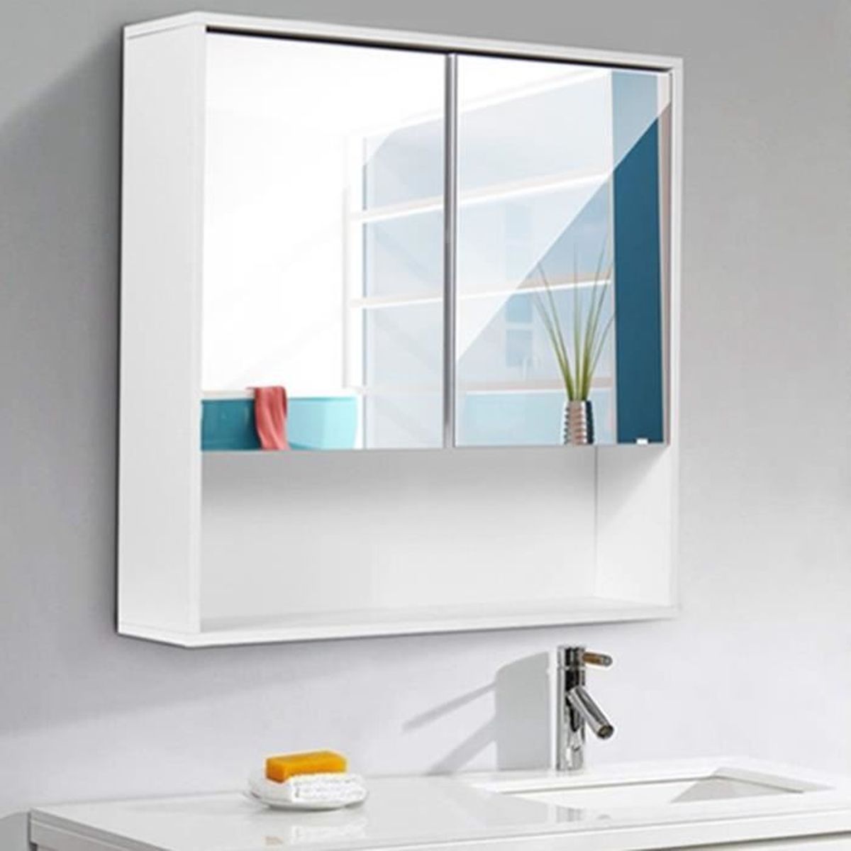 Armoire MDF de Toilette Mural 2 Portes Fermeture avec Mirroir 3
