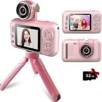 Appareil photo enfants caméra numérique selfie vidéo 40 MP, rabat à 180 ° 1080p HD avec carte SD 32 Go et perche à selfie, rose