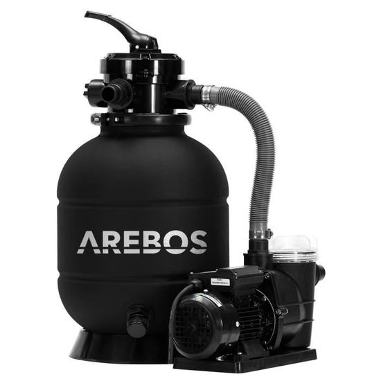 AREBOS Filtre a Sable avec Pompe 400W + 700g de balles de Filtre + Tuyau de  2m | Gris | 10200 L/h | Capacité du réservoir jusqu'à 20 kg de Sable 