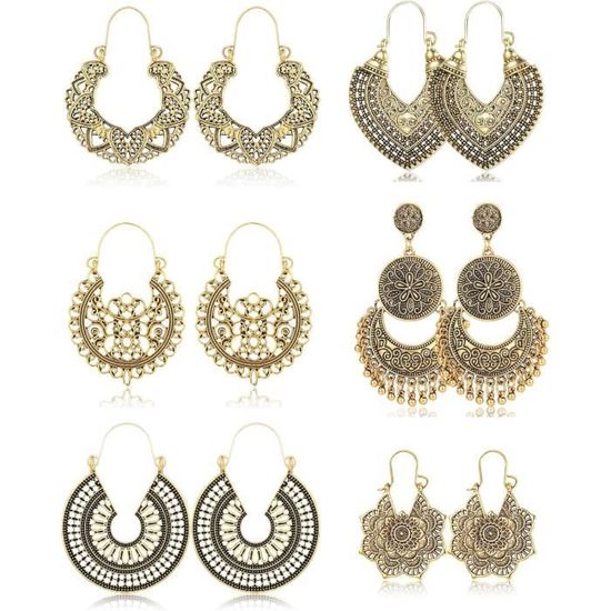 Florideco Lot De 6 Paires De Boucles D'oreilles Pendantes Vintage Bohème De Style National Creux En Forme De Cœur Et De Pétale Creux Pour Femme - Bijoux Dorés Hypoallergéniques - Papier Métallique