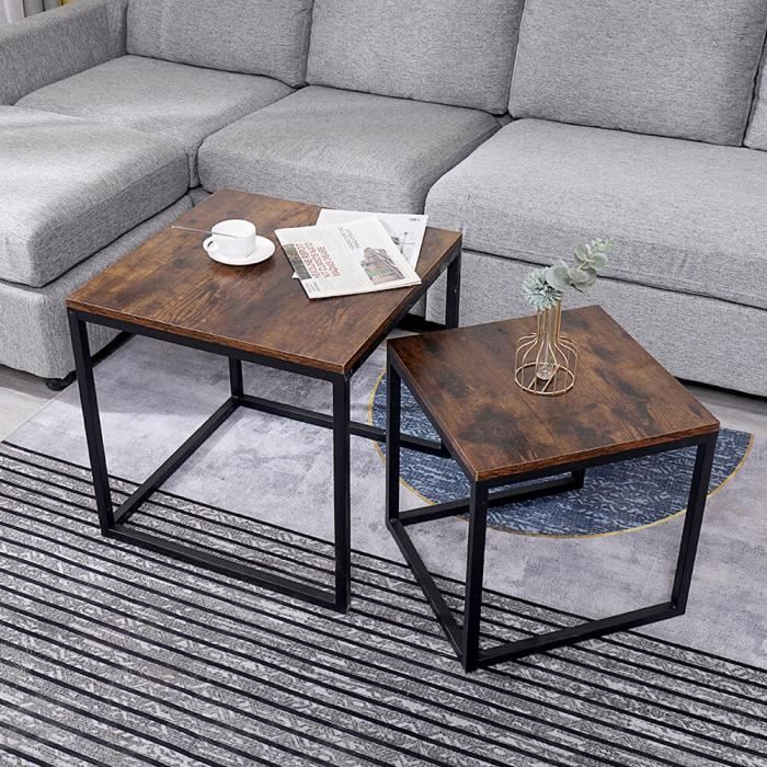 Lot de 2 Tables Basses Carrée Gigognes Industriel de Style avec des Pieds en Métal Noir pour Bureau Salon - Couleur Bois Rétr