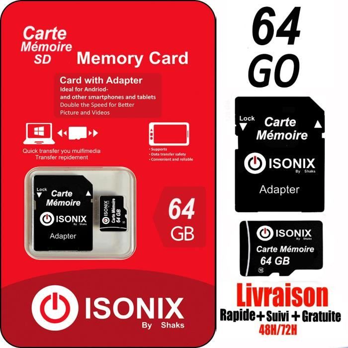 ISONIX Carte Mémoire Micro-SD 64 go SDHC/SDXC + Adaptateur 100% Réel Class 10
