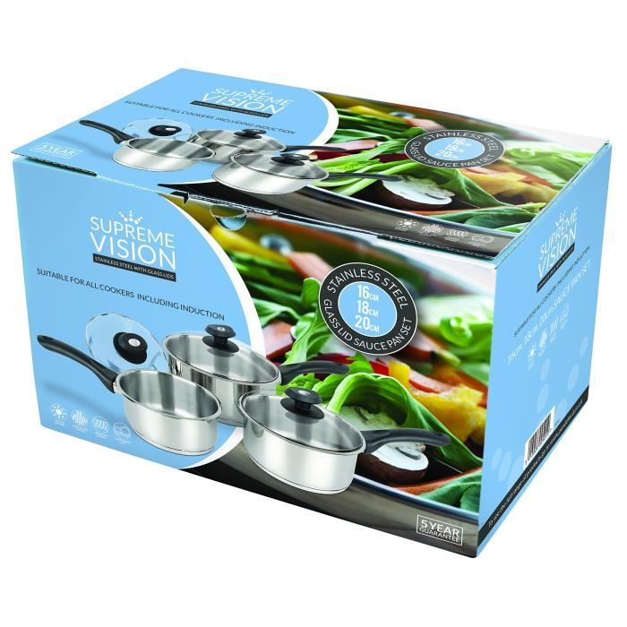 Supreme Vision Ensemble de casseroles avec Couvercle en Verre, Acier INOX