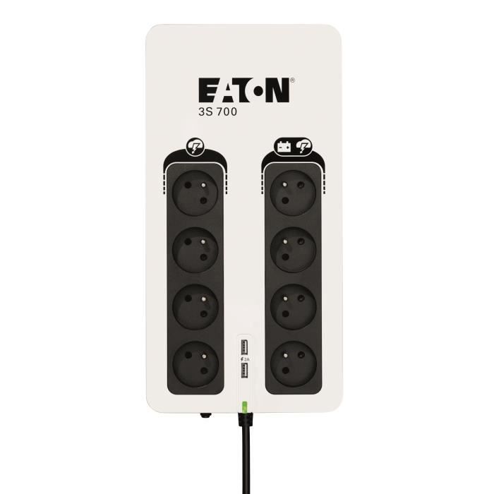 Onduleur/Multiprise/Parafoudre - EATON 3S 700 FR - Off-line UPS - 3S700F - 700VA (8 prises françaises + 2 ports de charge USB)