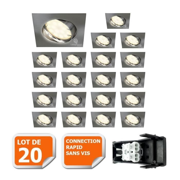 LOT DE 20 SPOT ENCASTRABLE ORIENTABLE LED CARRE ALU BROSSE GU10 230V eq. 50W BLANC NEUTRE