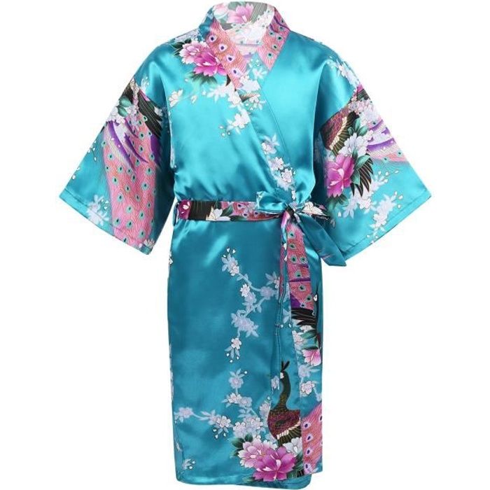 Enfant Fille Peignoir Satin Pyjama Kimono Robe Satin Japonais Chemise de Nuit Anniversaire Cadeau Robe de Chambre 3-14 Ans