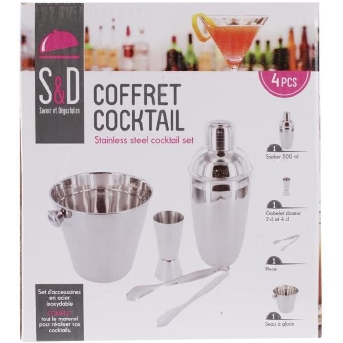 SAVEUR ET DEGUSTATION Coffret Cocktail - Inox - 1 Shaker - 1 Sceau à bouteille - 1 Pince - 1 Doseur