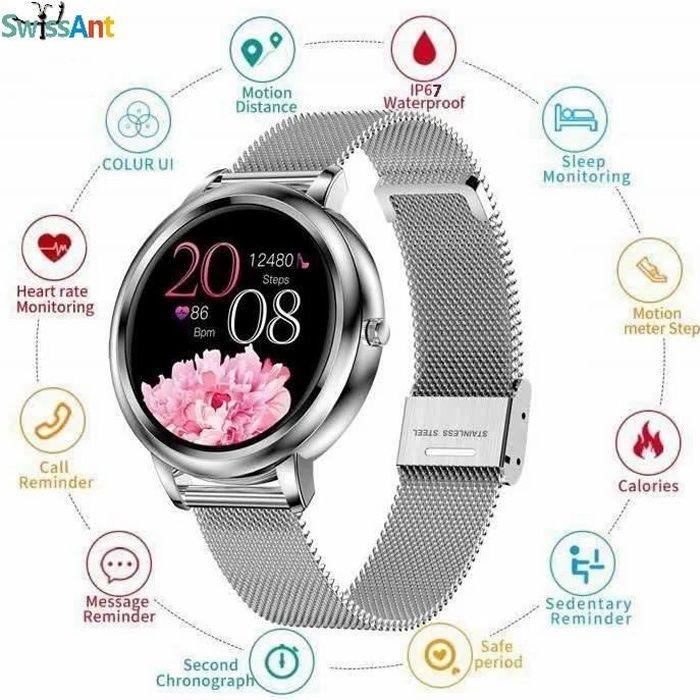 Montre Connectée Femme Ronde, IP68 Etanche Montre Fitness Tracker avec Rappel Physiologique Cardiaque Rythme Cardiaque Podometre