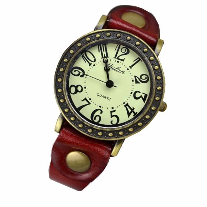 Montre bracelet Bijou femme Cuir Coton Femme Rouge Rond chiffres arabes Boucle Ardillon homme mixte wz-M0037