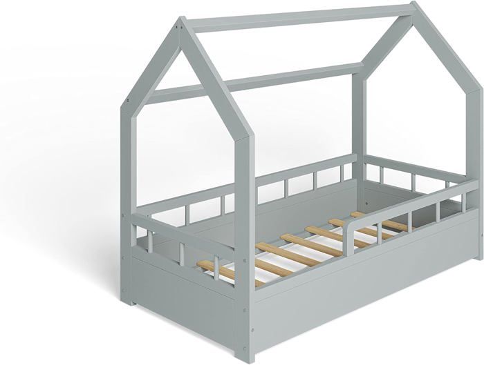 MS FACTORY Lit Enfant Bébé Maison 70x140 cm - Lit en Massif Cabane - Style Scandinave - Gris Demi-barrières