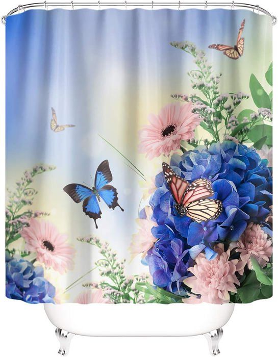 Rideau De Douche Floral Avec Papillons 120x175 Cm - Imperméable, Anti-Moisissure - Polyester - Avec 8 Crochets