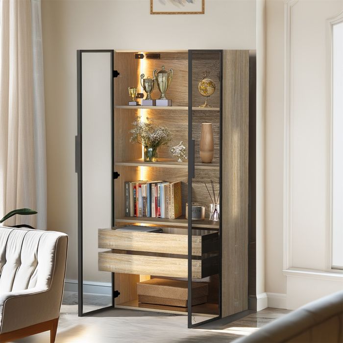 Armoires de Salle de Bains Moyennes avec 2 Grands Tiroirs 2 Porte en Verre Colonne Salle de Bain avec Baguette Lumineuse