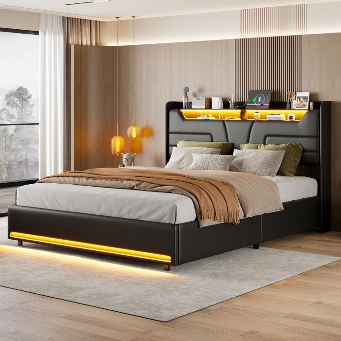 160x200 CM Lit double coffre en simili cuir noir avec sommier à lattes bande lumineuse LED réglable USB et rangement hydraulique