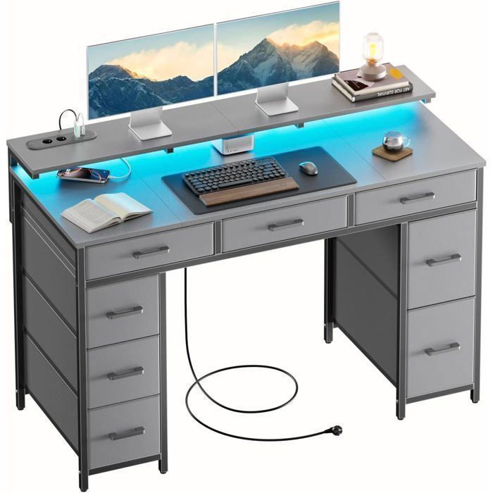 HLONONE Bureau avec 8 Tiroirs en Tissu 120 × 50 cm Bureau Gaming LED avec Prises & Ports USB Bureau Gamer Gris